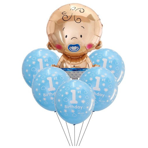 Set baloane pentru fetite, Klevo, FIRST ANIVERSARY, 5 latex 1 Birthday, 1 balon folie din aluminu baby boy, 71 cm, Albastru