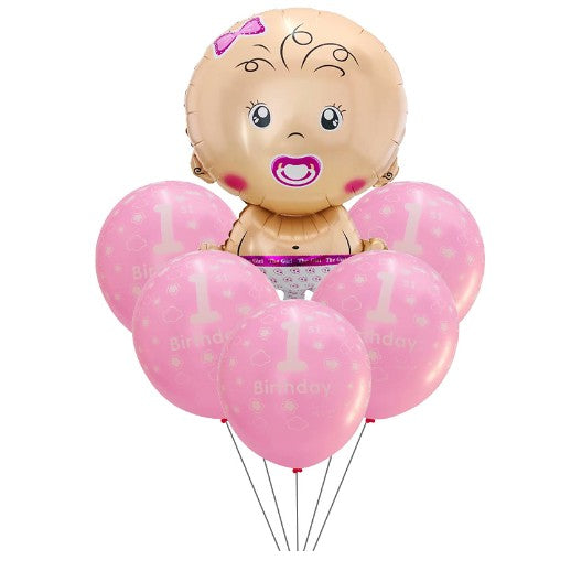 Set baloane pentru fetite, Klevo, FIRST ANYVERSARY, 5 latex 1 Birthday, 1 balon folie din aluminu baby girl, 71 cm, Roz