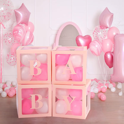Set 4 Cutii pentru Baloane, Klevo, Model Scris Baby, Tematica Iubire, Cuburi Decorative din Plastic, Accesorii pentru Petrecere, 30 x30 cm, Transparente Contur Roz