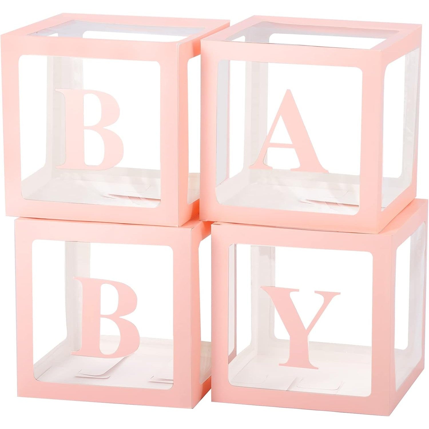 Set 4 Cutii pentru Baloane, Klevo, Model Scris Baby, Tematica Iubire, Cuburi Decorative din Plastic, Accesorii pentru Petrecere, 30 x30 cm, Transparente Contur Roz