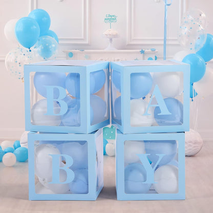 Set 4 Cutii pentru Baloane, Klevo, Model Scris Baby, Tematica Iubire, Cuburi Decorative din Plastic, Accesorii pentru Petrecere, 30 x30 cm, Transparente Contur Albastru