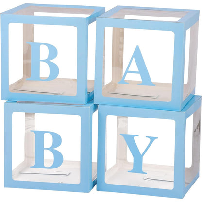 Set 4 Cutii pentru Baloane, Klevo, Model Scris Baby, Tematica Iubire, Cuburi Decorative din Plastic, Accesorii pentru Petrecere, 30 x30 cm, Transparente Contur Albastru