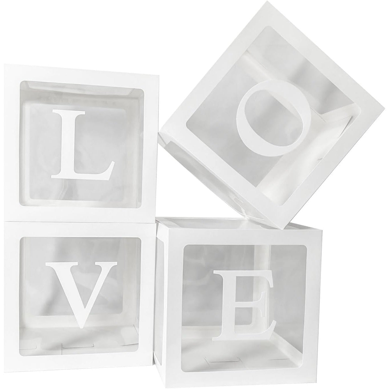 Set 4 Cutii pentru Baloane, Klevo, Model Scris Love, Tematica Iubire, Cuburi Decorative din Plastic, Accesorii pentru Petrecere, 30 x30 cm, Transparente Contur Alb