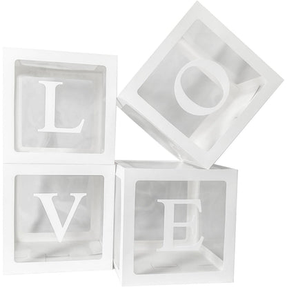 Set 4 Cutii pentru Baloane, Klevo, Model Scris Love, Tematica Iubire, Cuburi Decorative din Plastic, Accesorii pentru Petrecere, 30 x30 cm, Transparente Contur Alb