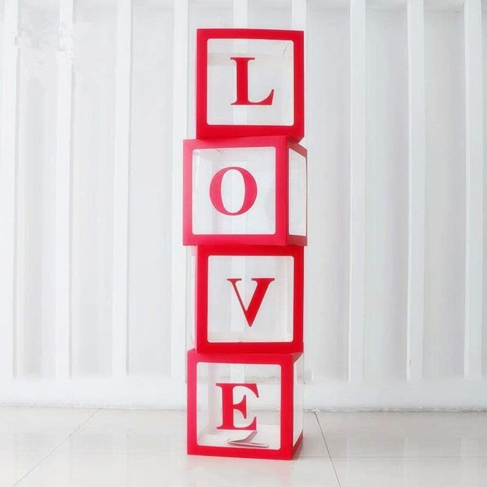 Set 4 Cutii pentru Baloane, Klevo, Model Scris Love, Tematica Iubire, Cuburi Decorative din Plastic, Accesorii pentru Petrecere, 30x30 cm, Transparente Contur Rosu