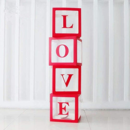 Set 4 Cutii pentru Baloane, Klevo, Model Scris Love, Tematica Iubire, Cuburi Decorative din Plastic, Accesorii pentru Petrecere, 30x30 cm, Transparente Contur Rosu
