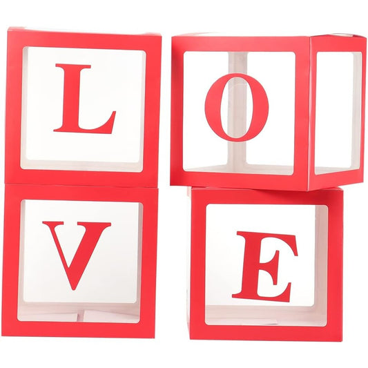 Set 4 Cutii pentru Baloane, Klevo, Model Scris Love, Tematica Iubire, Cuburi Decorative din Plastic, Accesorii pentru Petrecere, 30x30 cm, Transparente Contur Rosu