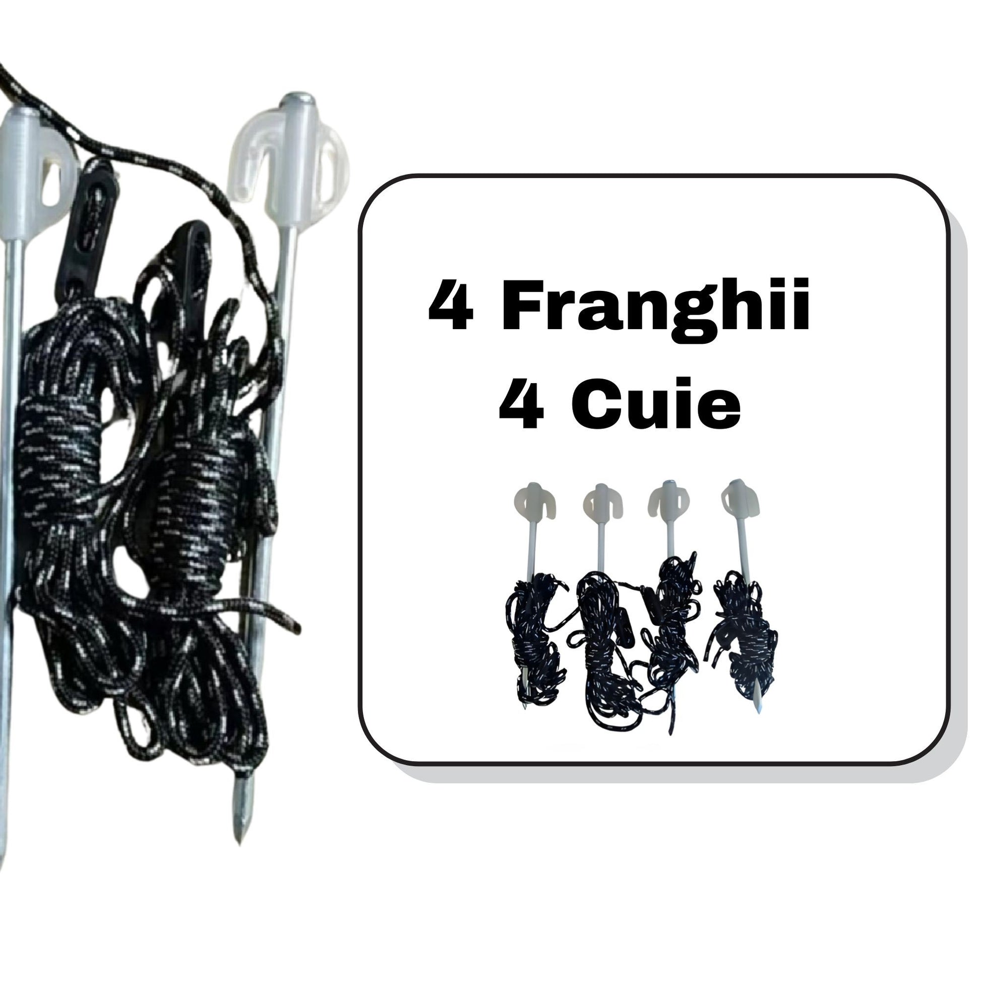 Franghie cu Cuie pentru Corturi, Klevo, Set 4 Bucati, Accesorii pentru Ancorare Corturi Pavilion, Copertine Tip Pavilion, Franghie 3 m, Cuie 20 cm, Negru/Alb