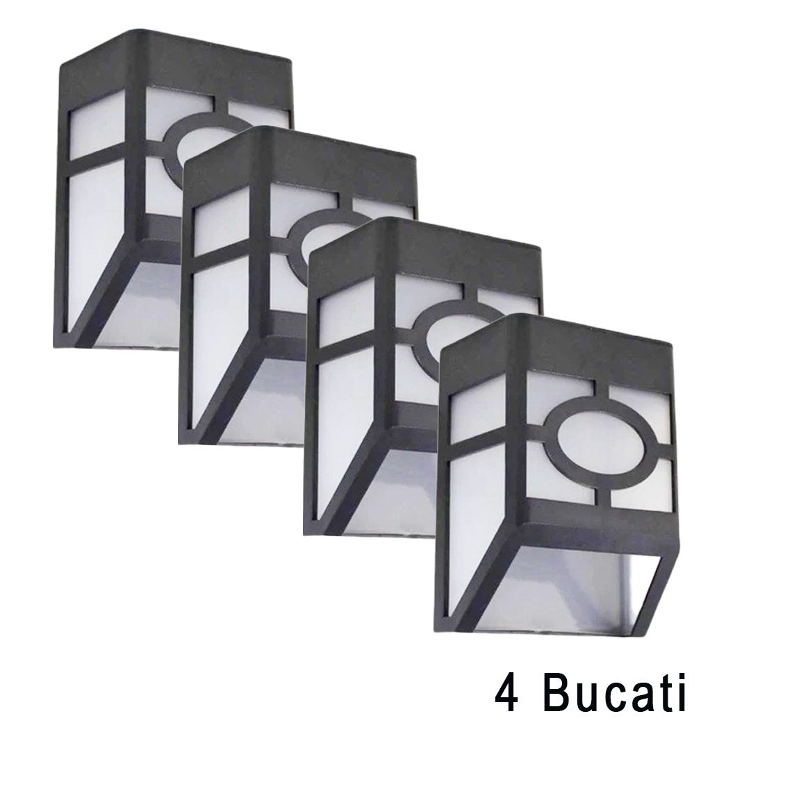 Set 4 Lampi Solare Led pentru Gradina, Klevo, Model Geometric, 11.8 x 8.6 x 5 cm, Buton On-Off, Alb Cald, Negru/Alb