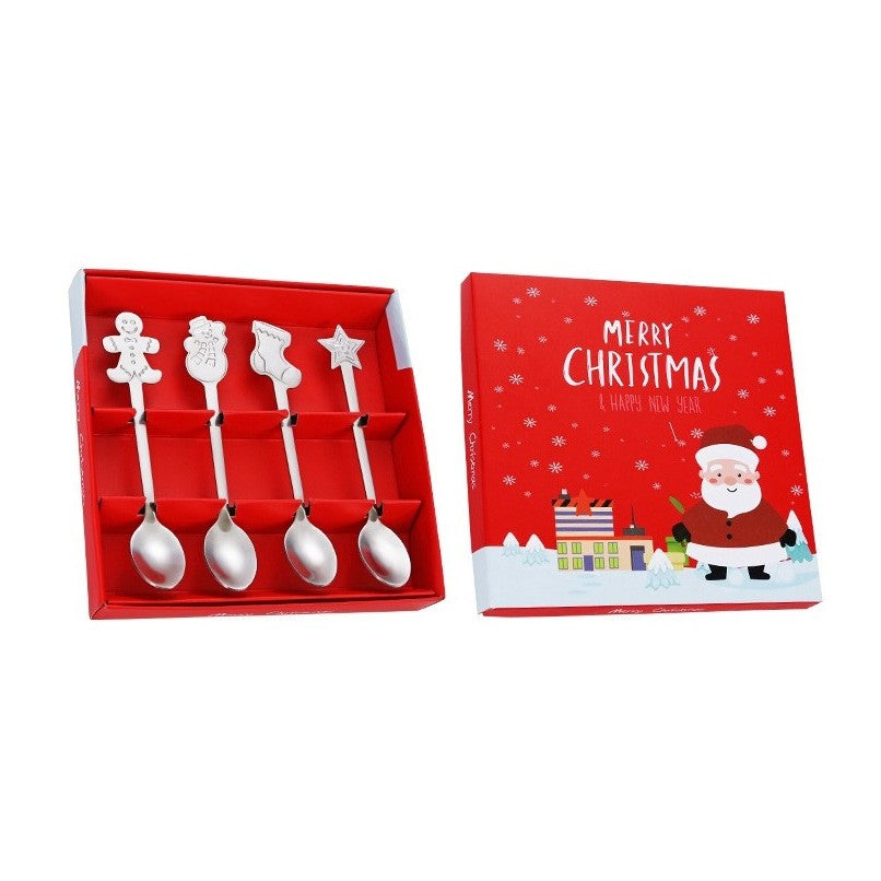 Set 4 Lingurite, Klevo, Tema Craciun, din Otel Inoxidabil, 4 Modele Festive, Cutie Cadou, 14 x 14 x 2.5 cm, Argintiu