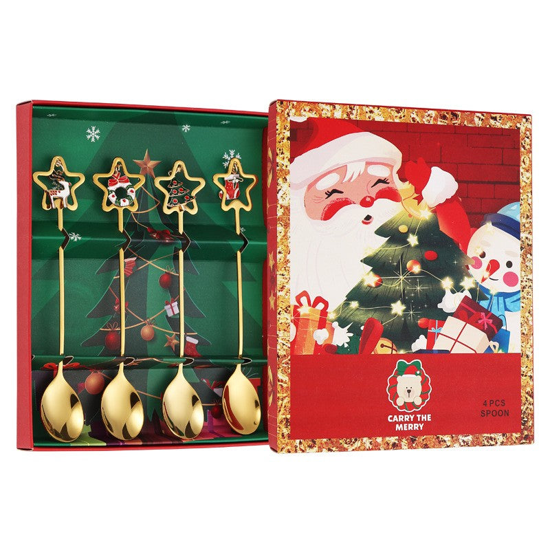 Set 4 Lingurite, Klevo, Tema Craciun, Model Carry The Merry, 4 Modele Tip Pandantiv cu Steluta, din Otel Inoxidabil, 19 x 16 x 2 cm, Multicolor