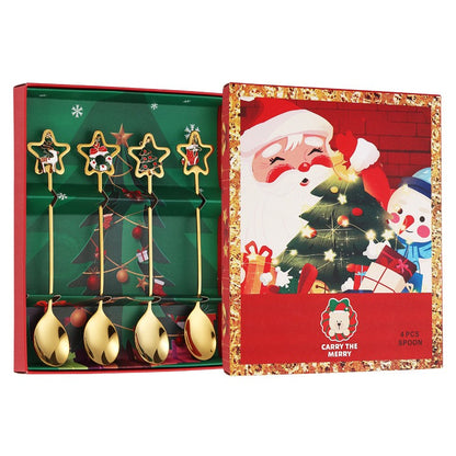 Set 4 Lingurite, Klevo, Tema Craciun, Model Carry The Merry, 4 Modele Tip Pandantiv cu Steluta, din Otel Inoxidabil, 19 x 16 x 2 cm, Multicolor