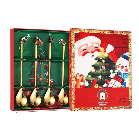 Set 4 Lingurite, Klevo, Tema Craciun, Model Carry The Merry, 4 Modele Tip Pandantiv, din Otel Inoxidabil, 19 x 16 x 2 cm, Multicolor