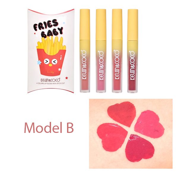 Set Luciu de buze, Kevin&Coco, Fries Baby, 4 Lip Gloss-uri, Stralucire si Hidratare Intensa, Rezistent, Model B, Multicolor