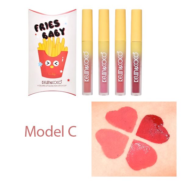 Set Luciu de buze, Kevin&Coco, Fries Baby, 4 Lip Gloss-uri, Stralucire si Hidratare Intensa, Rezistent, Model C, Multicolor