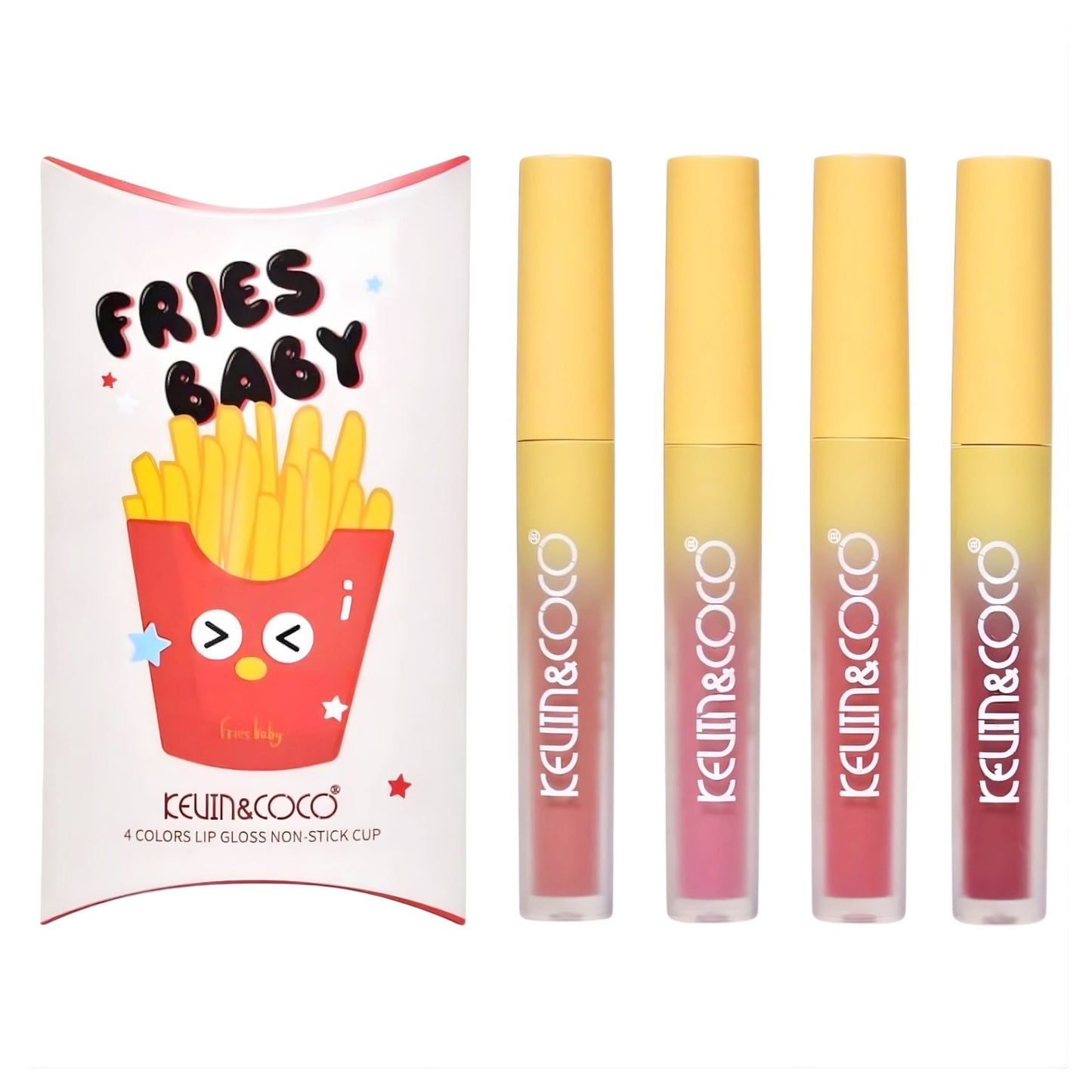 Set Luciu de buze, Kevin&Coco, Fries Baby, 4 Lip Gloss-uri, Stralucire si Hidratare Intensa, Rezistent, Model C, Multicolor