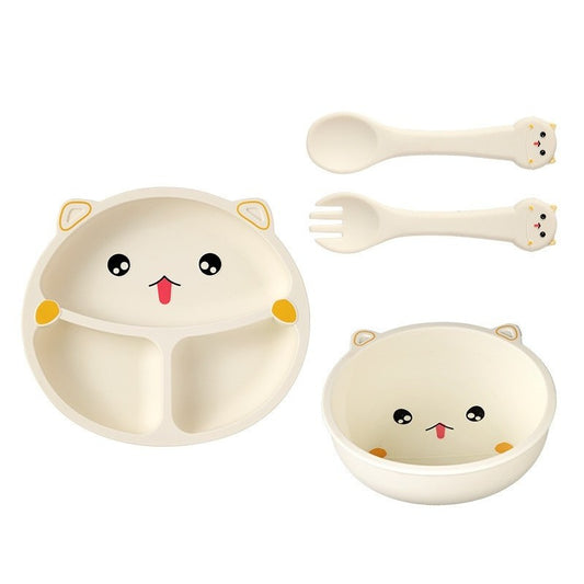 Set 4 Piese Hranire Bebelusi si Copii, Klevo, din Silicon, fara BPA, de la 12 Luni, Model Pisicuta, 28 x 26 x 2 cm, Bej