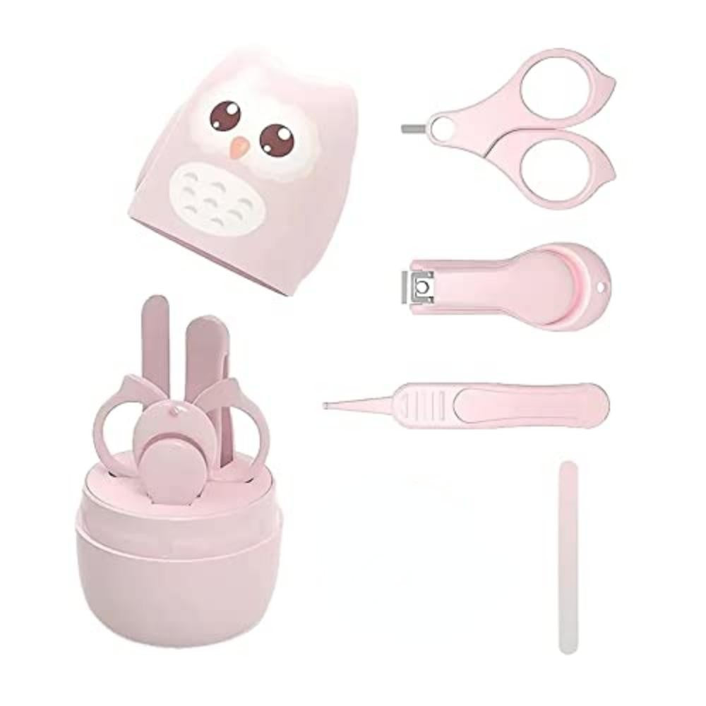 Set 4 Piese Ingrijire Unghii Bebelusi, Klevo, din ABS+Otel Inoxidabil, Cutie de Depozitare Tip Bufnita, de la 0 Luni, 11.5 x 5 x 11.5 cm, Roz