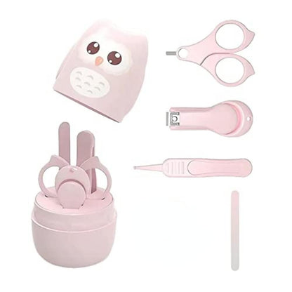 Set 4 Piese Ingrijire Unghii Bebelusi, Klevo, din ABS+Otel Inoxidabil, Cutie de Depozitare Tip Bufnita, de la 0 Luni, 11.5 x 5 x 11.5 cm, Roz