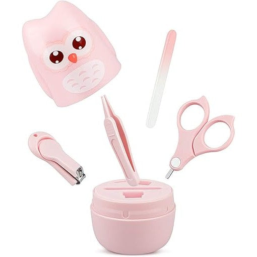 Set 4 Piese Ingrijire Unghii Bebelusi, Klevo, din ABS+Otel Inoxidabil, Cutie de Depozitare Tip Bufnita, de la 0 Luni, 11.5 x 5 x 11.5 cm, Roz