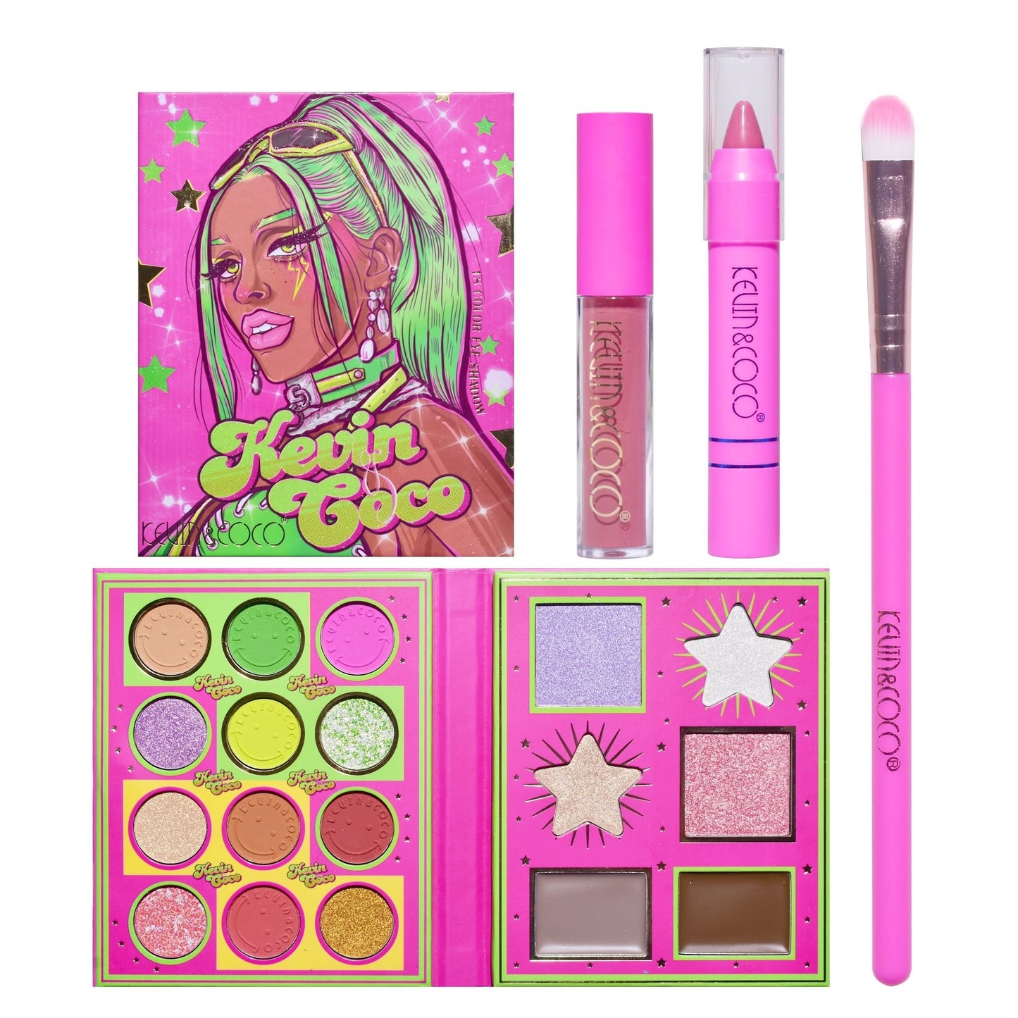 Set 4 Produse de Machiaj, KEVIN &amp; COCO, Green Cool Girl, 18 culori, 20.5 x 18.2 x 2.2 cm