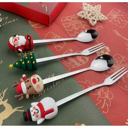Set 4 Tacamuri, Klevo, cu Figurine de Craciun, din Otel Inoxidabil, 2 Furculite, 2 Linguri, Cutie Festiva, 13.5 cm, Rosu