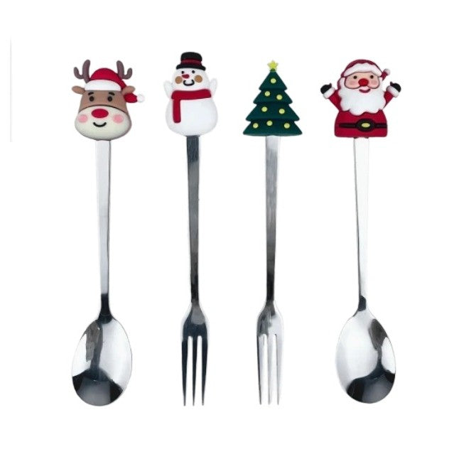 Set 4 Tacamuri, Klevo, cu Figurine de Craciun, din Otel Inoxidabil, 2 Furculite, 2 Linguri, Cutie Festiva, 13.5 cm, Rosu