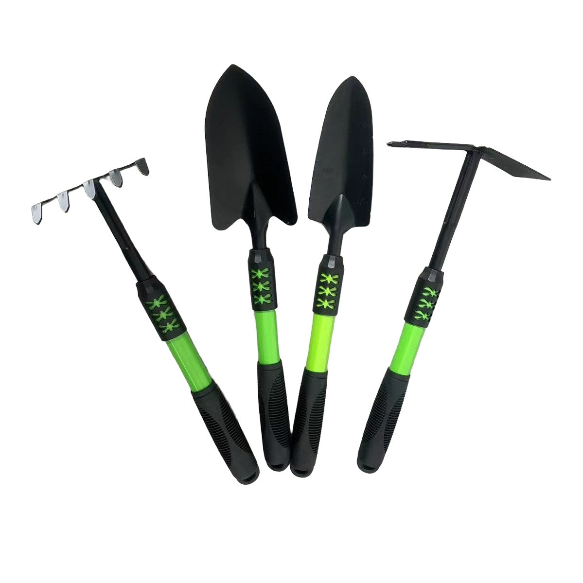 Set 4 Unelte de Gradina Klevo, pentru Plantare, Prelucrare Sol si Ingrijire Plante, Material PVC Carbon, Grebla, Sapaliga cu Cap Dublu, Lopata Mica, Lopata Lata, 43 x 11 cm, Negru/Verde
