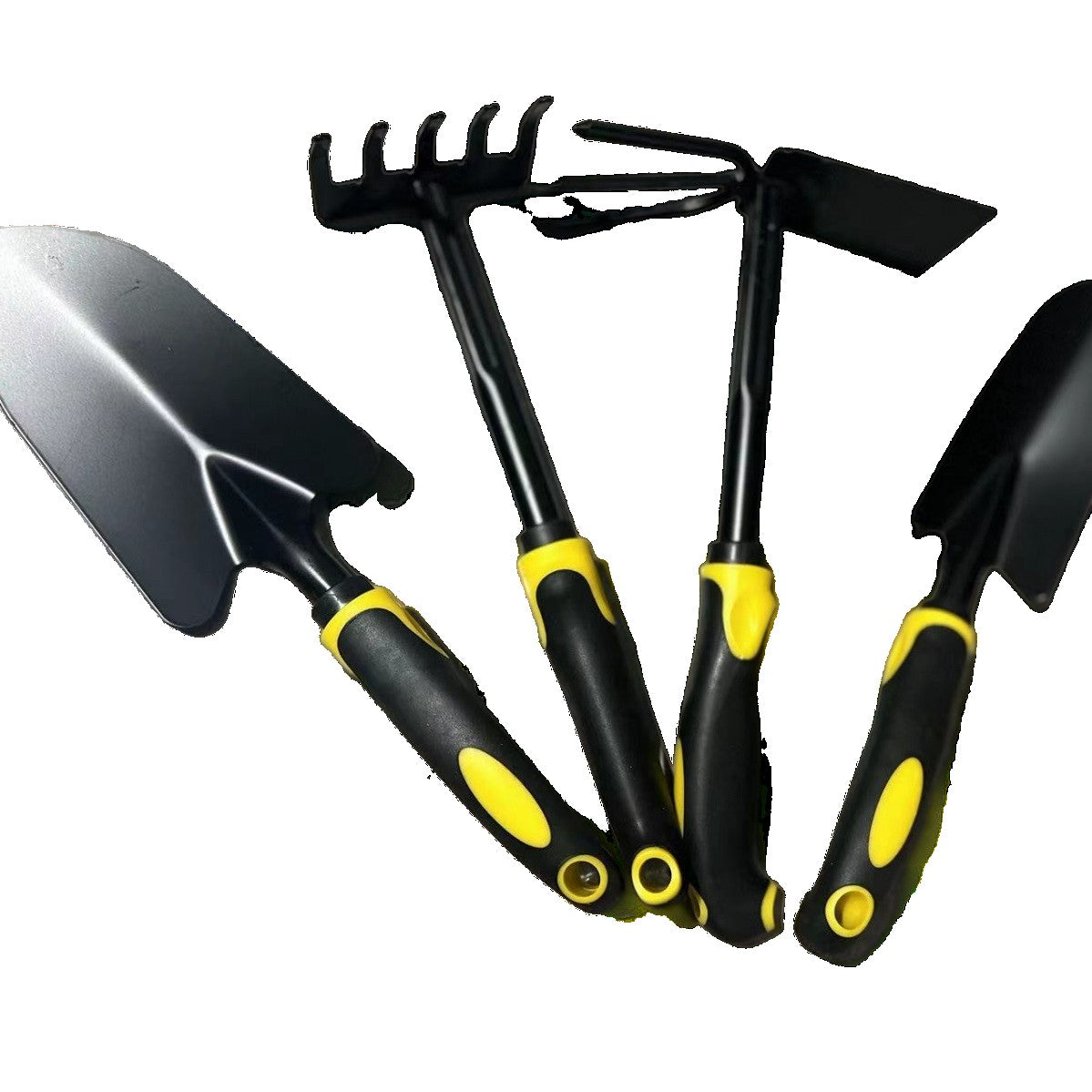 Set 4 Unelte de Gradina Klevo, pentru Plantare, Prelucrare Sol si Ingrijire Plante, Material PVC Carbon, Grebla, Sapaliga cu Cap Dublu, Lopata Mica, Lopata Lata, 43 x 11 cm, Negru/Galben