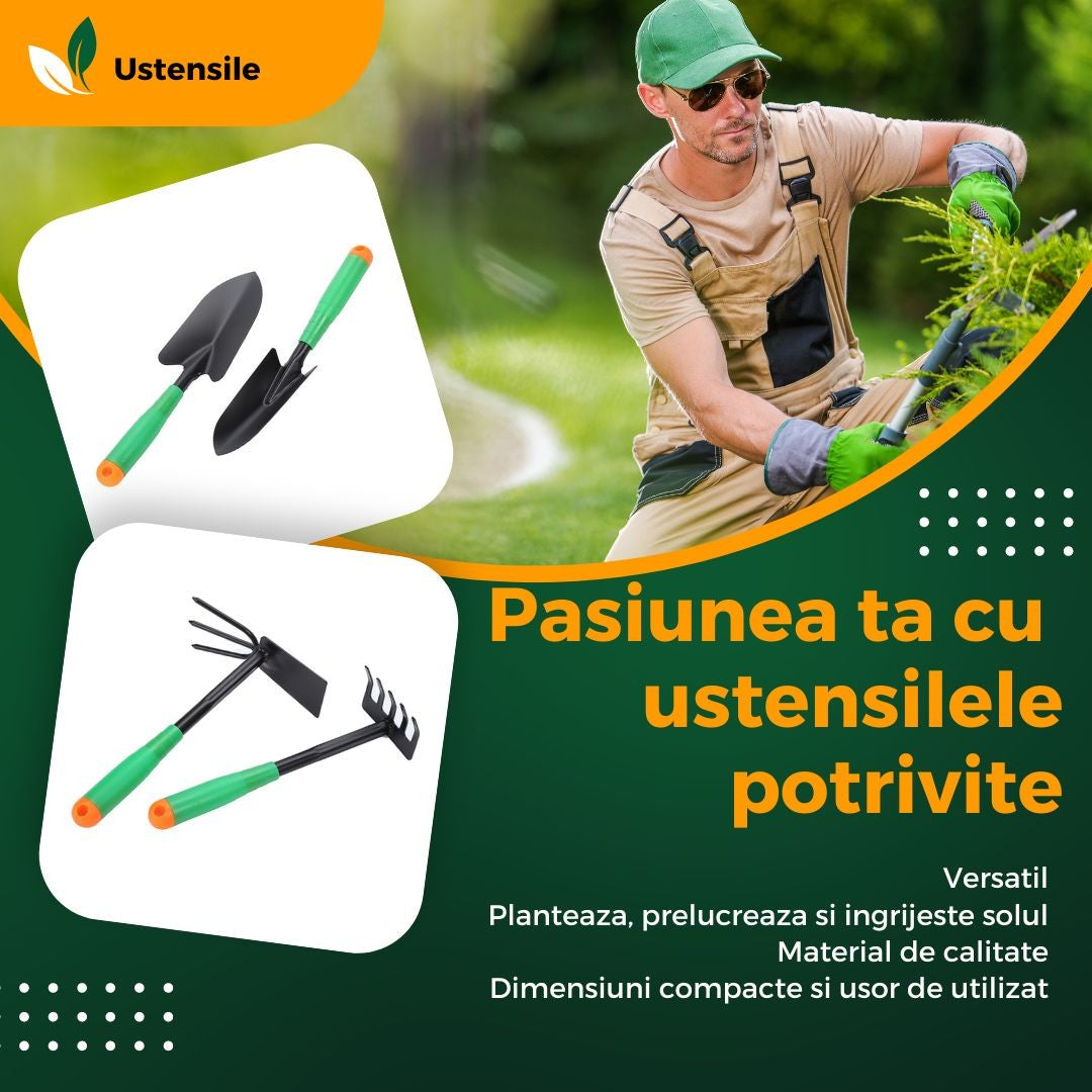 Set 4 Unelte de Gradina Klevo, pentru Plantare Prelucrare Sol si Ingrijire Plante, Material PVC si cardboard, 31.5 x 8.5 cm, verde
