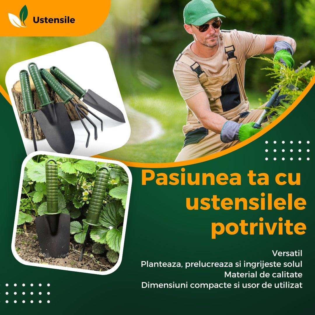 Set 4 Unelte de Gradina Klevo, pentru Plantare Prelucrare Sol si Ingrijire Plante, Material PVC si cardboard, 25 x 8.5 cm, verde