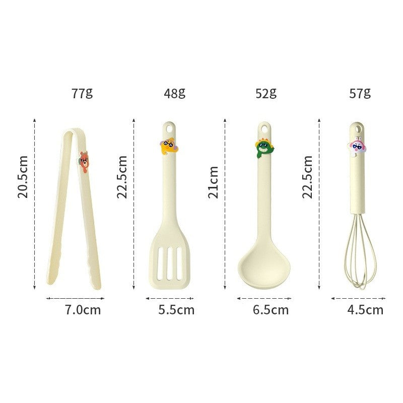 Set 4 Ustensile de Bucatarie, Klevo, pentru Copii, din Silicon, Termorezistente, Design Animat, 13 x 24 x 5 cm, Bej