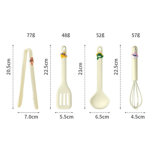 Set 4 Ustensile de Bucatarie, Klevo, pentru Copii, din Silicon, Termorezistente, Design Animat, 13 x 24 x 5 cm, Bej