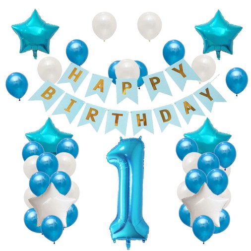 Set Baloane Aniversare HAPPY BIRTHDAY, Klevo, set din 42 bucati, 1 bucata cifra mare, 4 stele din folie aluminiu, 37 simple din latex, Baby Boy, 60 cm Albastru