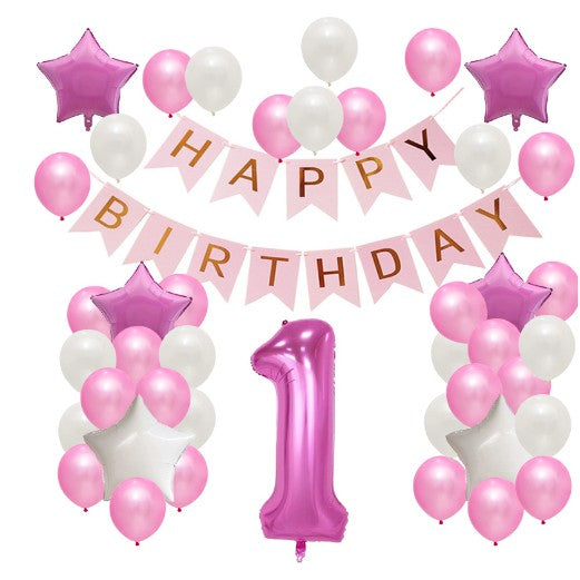 Set Baloane Aniversare HAPPY BIRTHDAY, Klevo, set din 42 bucati, 1 bucata cifra mare, 4 stele din folie aluminiu, 37 simple din latex, Baby Girl, 60 cm Roz
