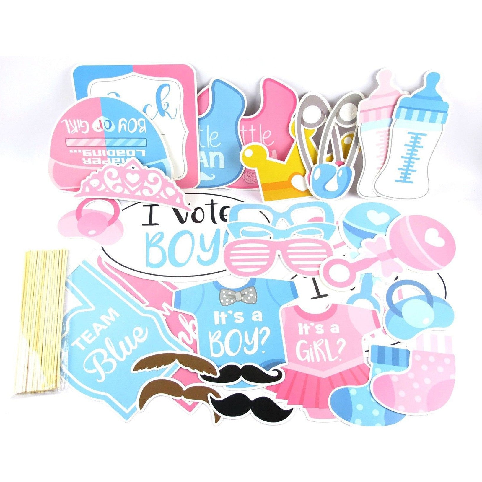 Set 30 de Accesorii pentru Petrecere, Klevo, Props pentru Coltul de Poze, Gender Reveal, Tematica Baby Shower, Albastru-Roz