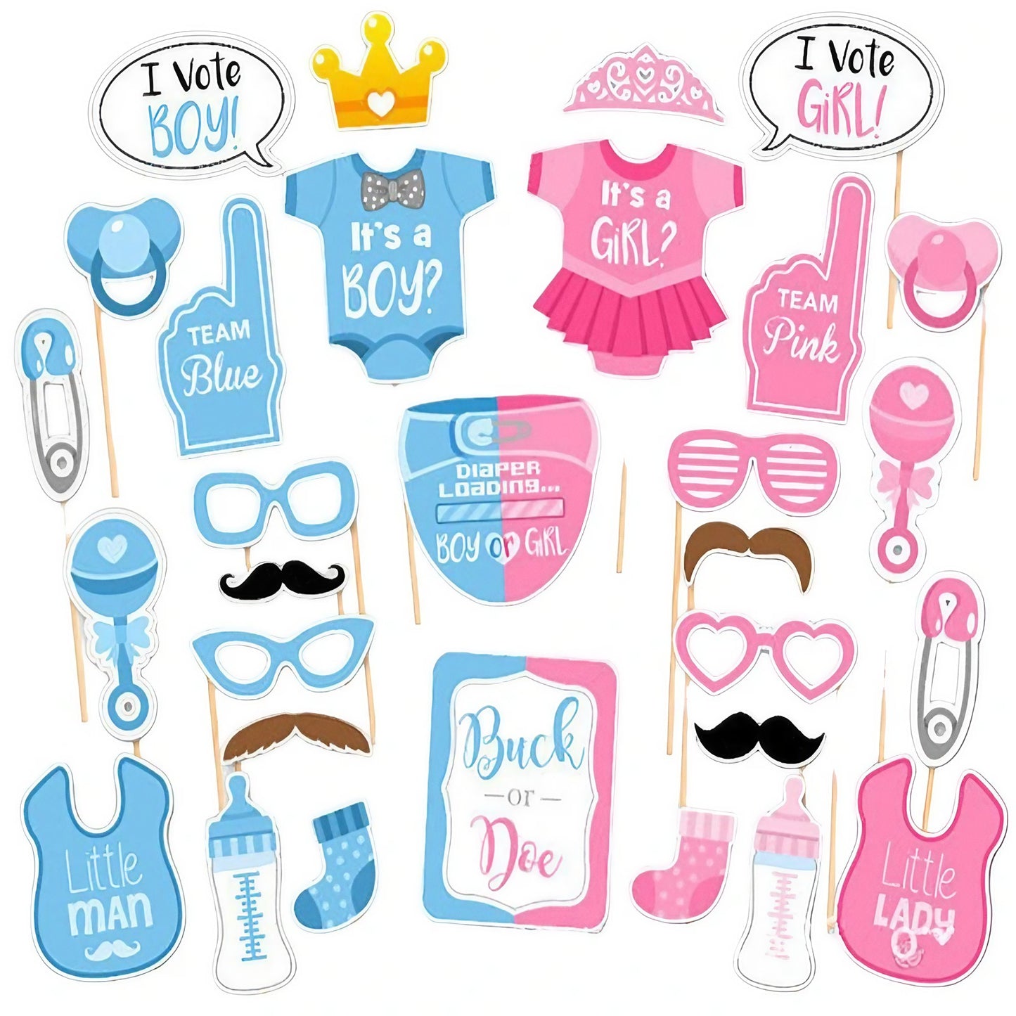 Set 30 de Accesorii pentru Petrecere, Klevo, Props pentru Coltul de Poze, Gender Reveal, Tematica Baby Shower, Albastru-Roz