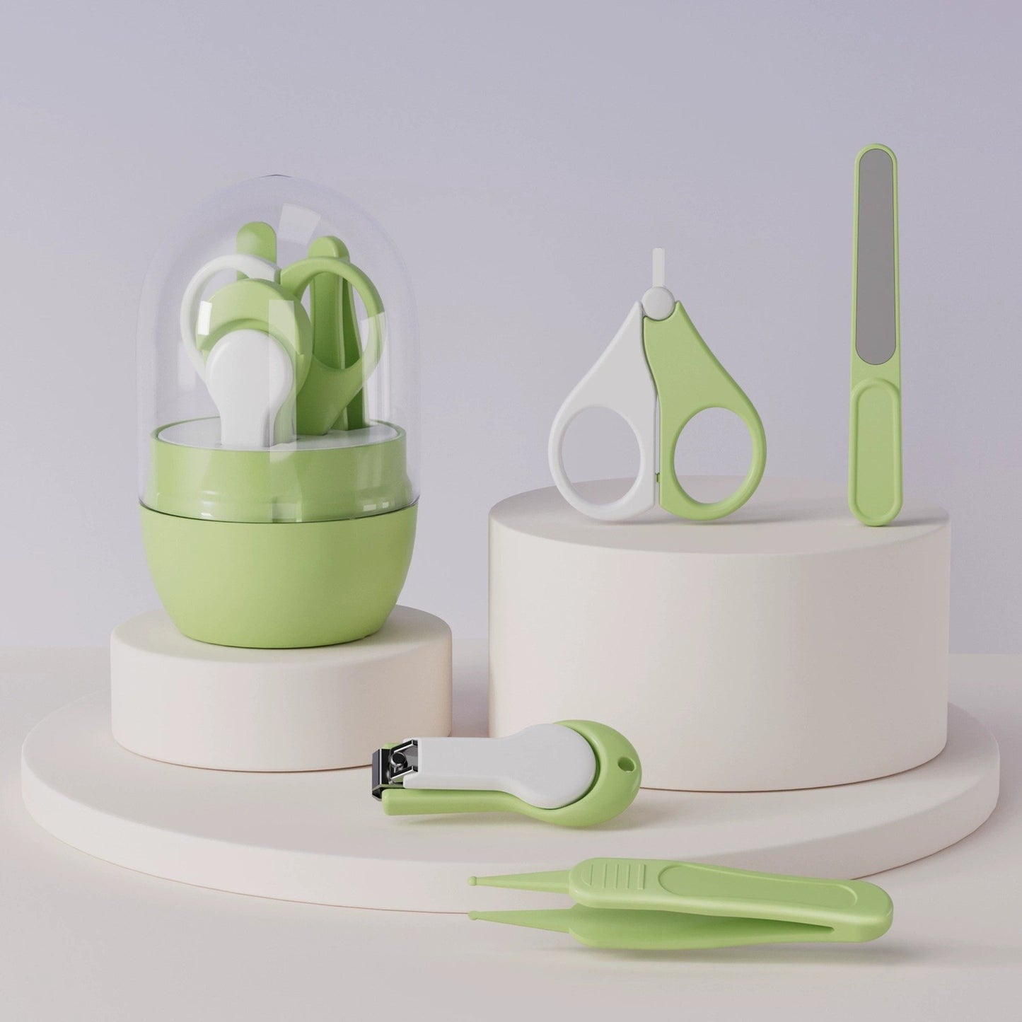 Set 4in1 de Ingrijire Unghii pentru Bebelusi, Klevo, Cutie de Depozitare Tip Borcan, 0-6 Ani, 10 x 7 x 6 cm, Verde