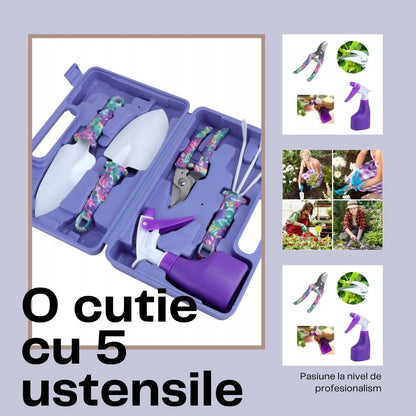 Set 5 accesorii pentru gradinarit Klevo, geanta depozitare inclusa, otel inoxidabil, 38 x 29 cm, mov