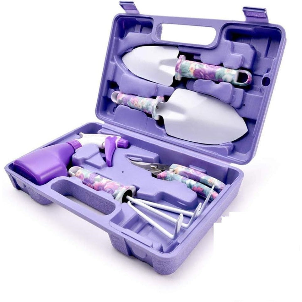 Set 5 accesorii pentru gradinarit Klevo, geanta depozitare inclusa, otel inoxidabil, 38 x 29 cm, mov