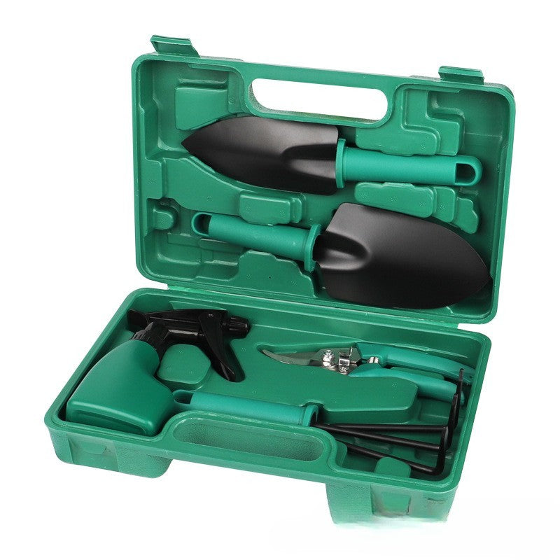 Set 5 accesorii pentru gradinarit Klevo, geanta depozitare inclusa, otel inoxidabil, 18.5 x 29.5 cm, verde