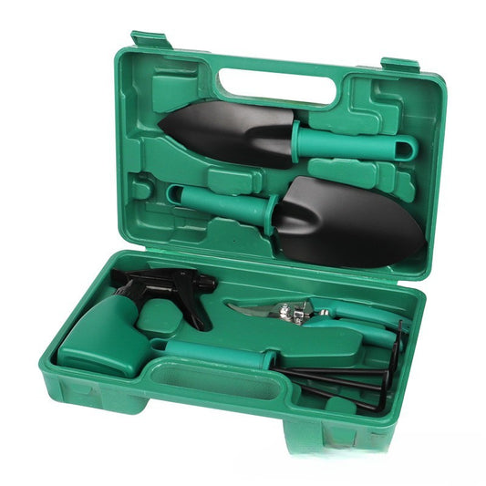 Set 5 accesorii pentru gradinarit Klevo, geanta depozitare inclusa, otel inoxidabil, 18.5 x 29.5 cm, verde