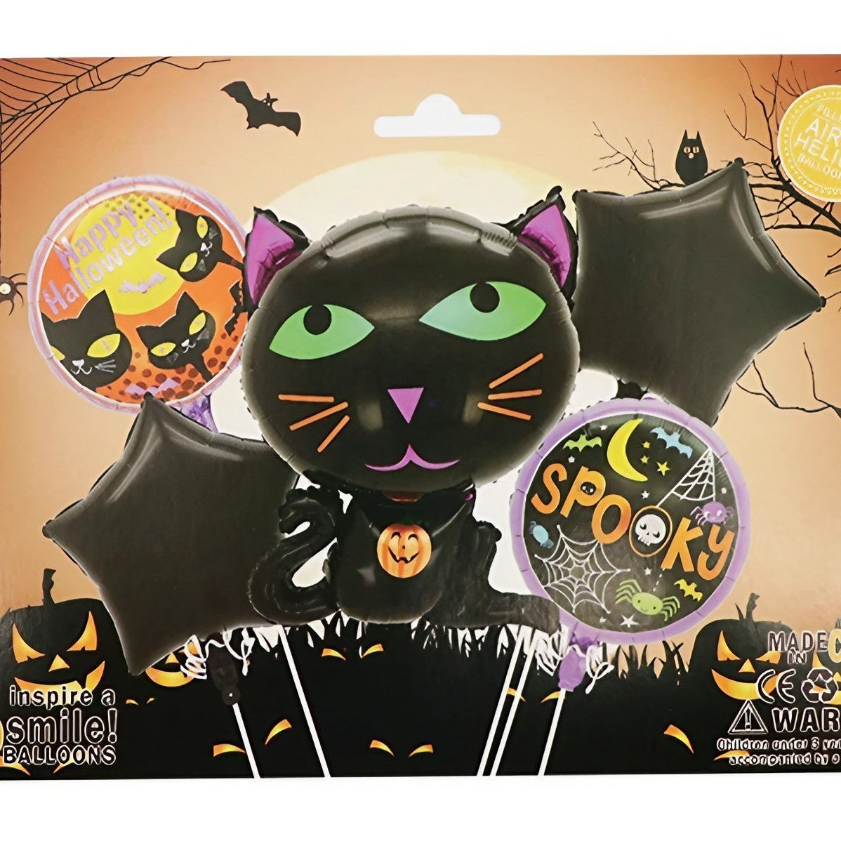 Set 5 Baloane din Folie Metalizata, Klevo, Figurine, Tema Halloween, Pai Inclus, Ambalaj Individual, Umflare cu Aer sau Heliu, Figurina Pisica 65x49 cm, Stelute si Cerculete 45 cm, Negru