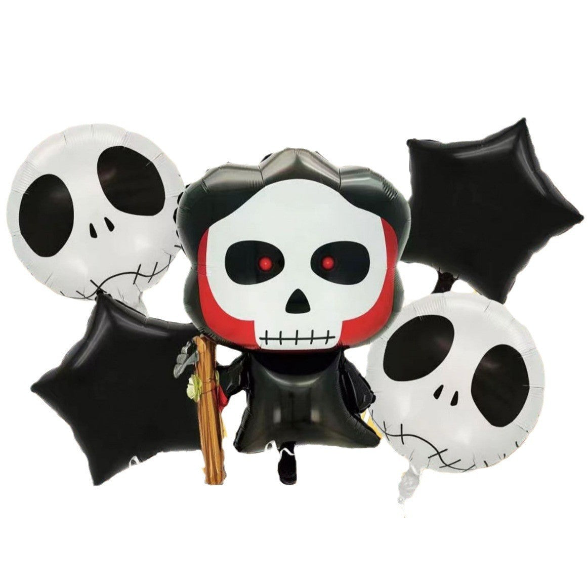 Set 5 Baloane din Folie Metalizata, Klevo, Figurine, Tema Halloween, Pai Inclus, Ambalaj Individual, Umflare cu Aer sau Heliu, Figurina Craniu 50.5x74 cm, Stelute si Cerculete 45 cm, Alb-Negru