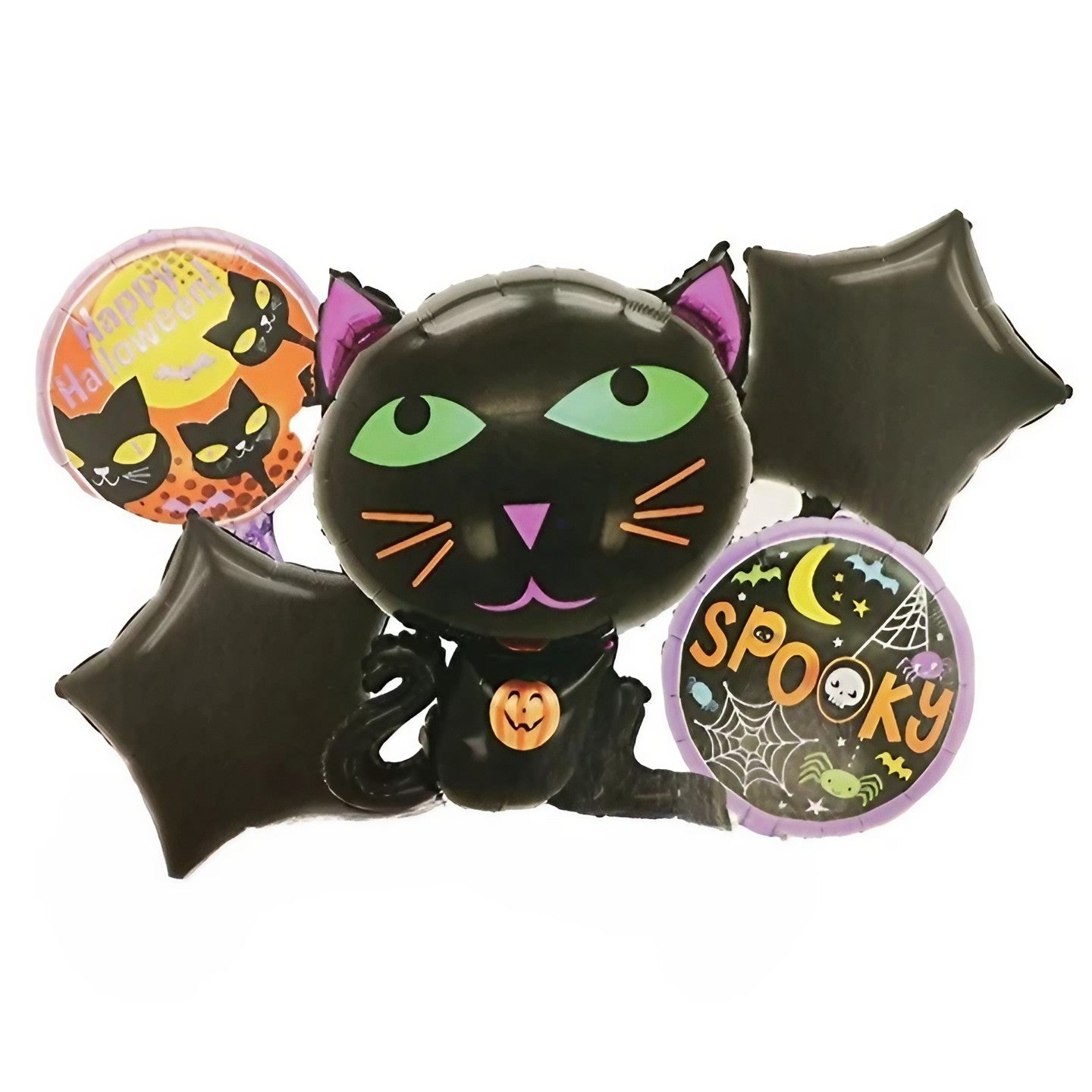 Set 5 Baloane din Folie Metalizata, Klevo, Figurine, Tema Halloween, Pai Inclus, Ambalaj Individual, Umflare cu Aer sau Heliu, Figurina Pisica 65x49 cm, Stelute si Cerculete 45 cm, Negru