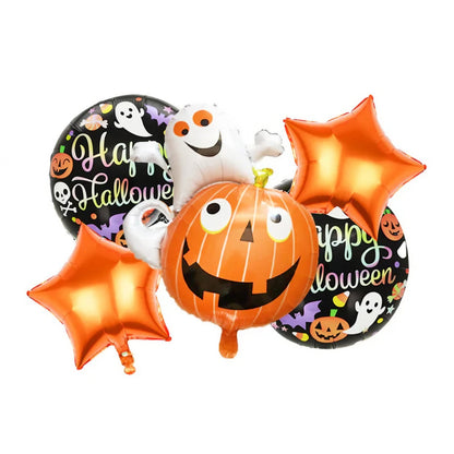 Set 5 Baloane din Folie Metalizata, Klevo, Figurine, Tema Halloween, Pai Inclus, Ambalaj Individual, Umflare cu Aer sau Heliu, Figurina Dovleac cu Fantoma 64x80 cm, Stelute si Cerculete 45 cm, Multicolor