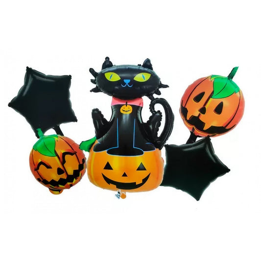 Set 5 Baloane din Folie Metalizata, Klevo, Figurine, Tema Halloween, Pai Inclus, Ambalaj Individual, Umflare cu Aer sau Heliu, Figurina Dovleac si Pisica 90x60 cm, Stelute si Cerculete 45 cm, Portocaliu-Negru