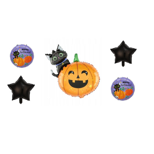 Set 5 Baloane din Folie Metalizata, Klevo, Figurine, Tema Halloween, Pai Inclus, Ambalaj Individual, Umflare cu Aer sau Heliu, Figurina Dovleac si Pisica 84x69 cm, Stelute si Cerculete 45 cm, Multicolor