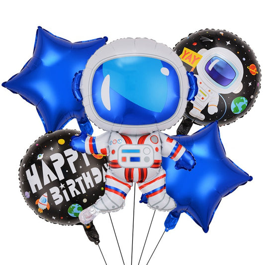Set 5 baloane din folie metalizata HAPPY BIRTHDAY, Klevo, Figurina Model Astronaut, Stelute Albastre, Adeziv si pai incluse, 78 x 45cm, Albastru inchis