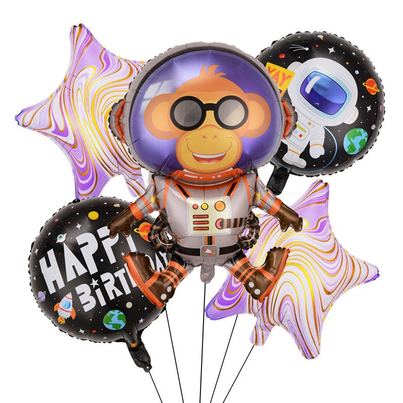 Baloane Model Maimutica Spatiala, Klevo, Set din 5 baloane, 1 Maimutica Astronaut, 2 Stele, 2 Rotunde, din folie de aluminiu, Adeziv si pai incluse, 78x45cm, Multicolor